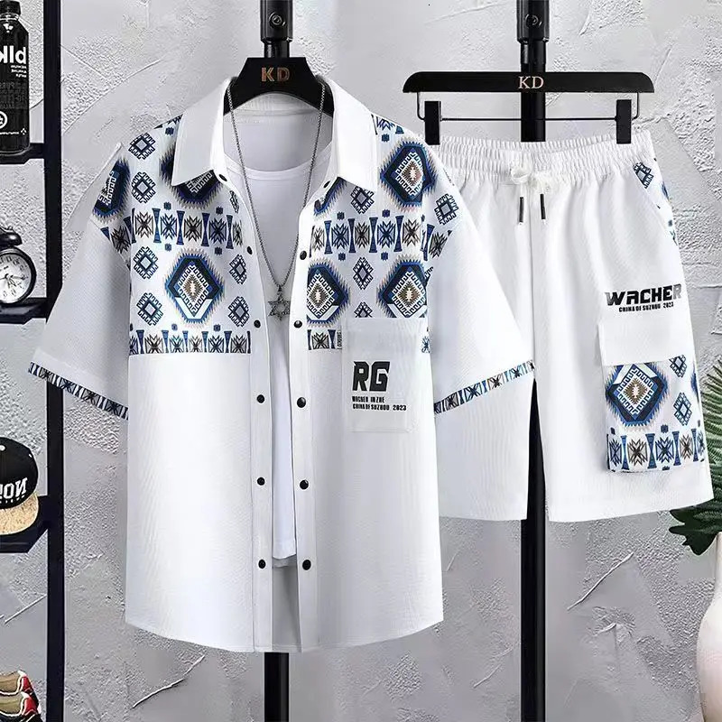 Shirt trouserssummer short sleeve mens Sets print pattern mens casual elastic waist shirts men Two-piece Suit Streetwear 240518