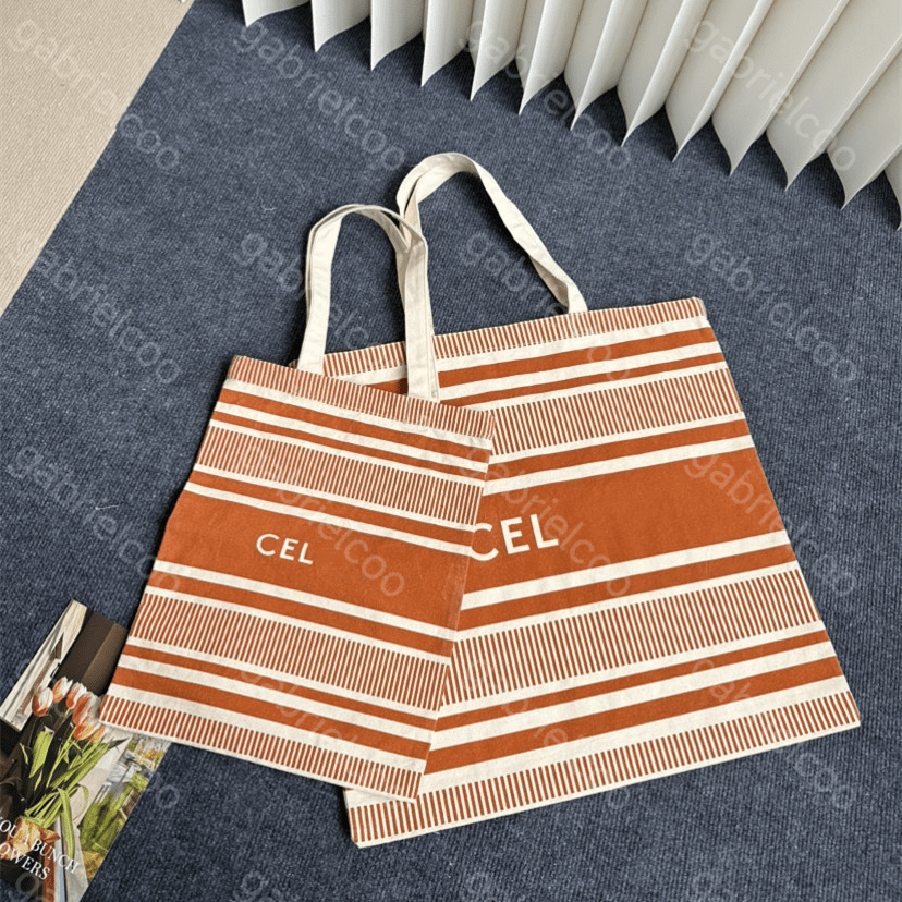 Designer Orange Canvas Shopping Bag Exclusive Stripe Element Classic Letter Print Thickened Large Capacity Women's Shoulder Bag Handbag Daily School Tote Bag