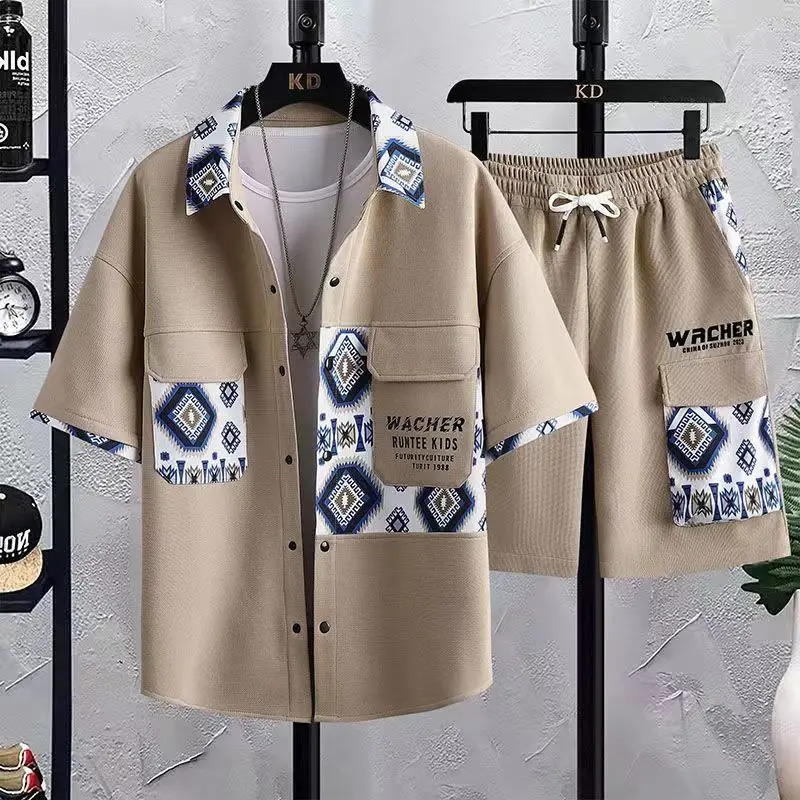 Shirt trouserssummer short sleeve mens Sets print pattern mens casual elastic waist shirts men Two-piece Suit Streetwear 240518