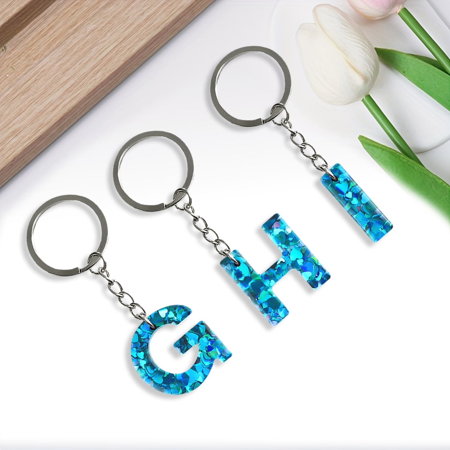 Blue Sequins Alphabet Initial Letter Keychain Cute Resin Key Chain Ring Bag Backpack Charm Car Key Holder Accessories Women Girls Gift