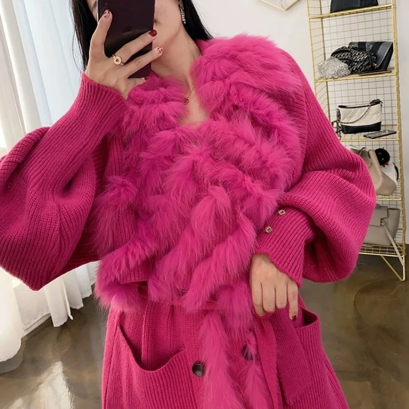 New Sweater Splicing Fox Fur Cardigan European American Coat Lady Autumn Winter Long Knit Trench Coat Temperament Women