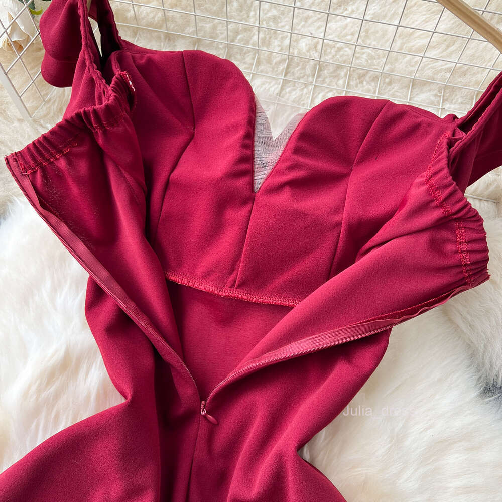 Red dress for women in 2024 new niche ruffled edge one shoulder slim fit long slit dress toasting gown