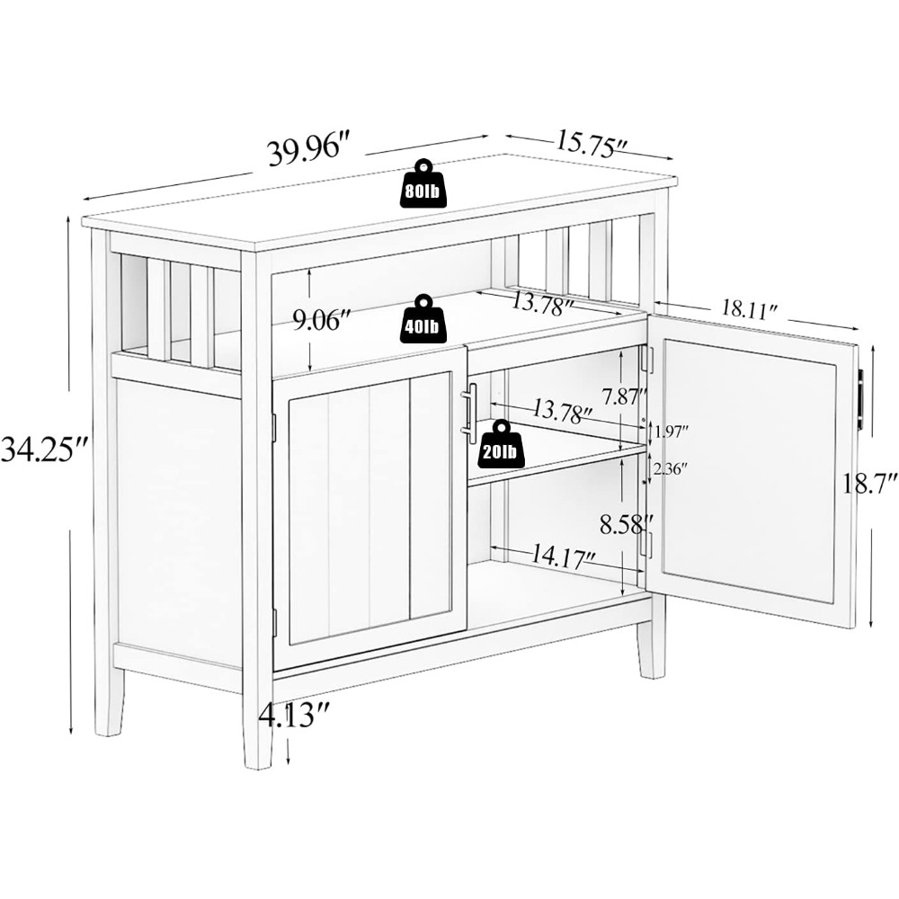 Buffet Cabinet White Kitchen Sideboard Buffet Storage Server Cupboard Cabinet Console Table With 2 Doors and Adjustable Shelf