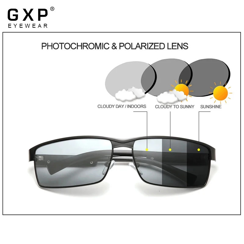 GXP Fashion Pochromic Sunglasses For Men Women Polarized Outdoor Protection Eyewear Rectangular Full Frame Glasses UV400 240528