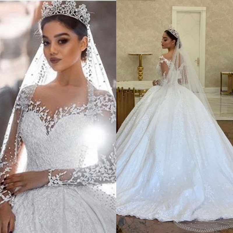 Dubai Princess Ball Gown Dresses 2024 Long Sleeves Lace Appliques Beaded Gorgeous Bride Wedding Gowns Ivory Vestido De Novia Court Train