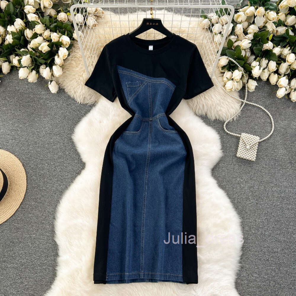 Korean style fashion design sense short sleeved contrasting color patchwork denim dress womens slim fit medium length wrapped hip skirt
