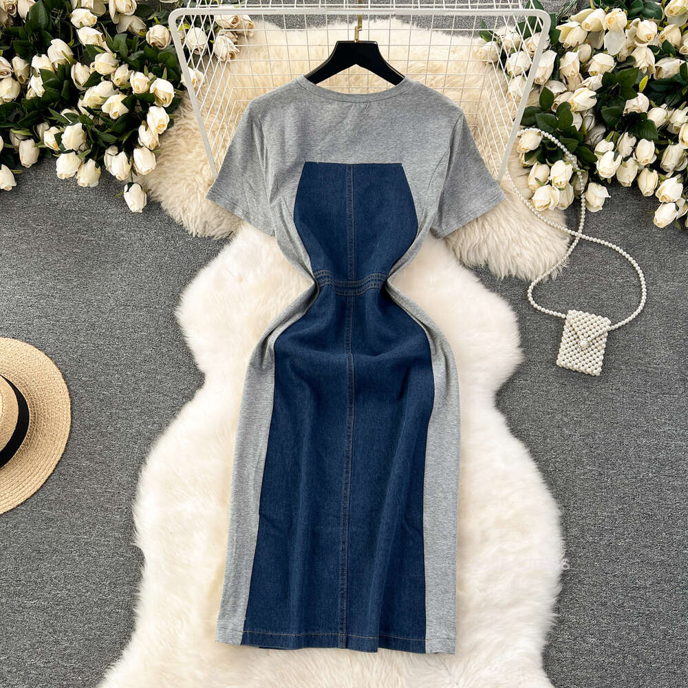 Korean style fashion design sense short sleeved contrasting color patchwork denim dress womens slim fit medium length wrapped hip skirt