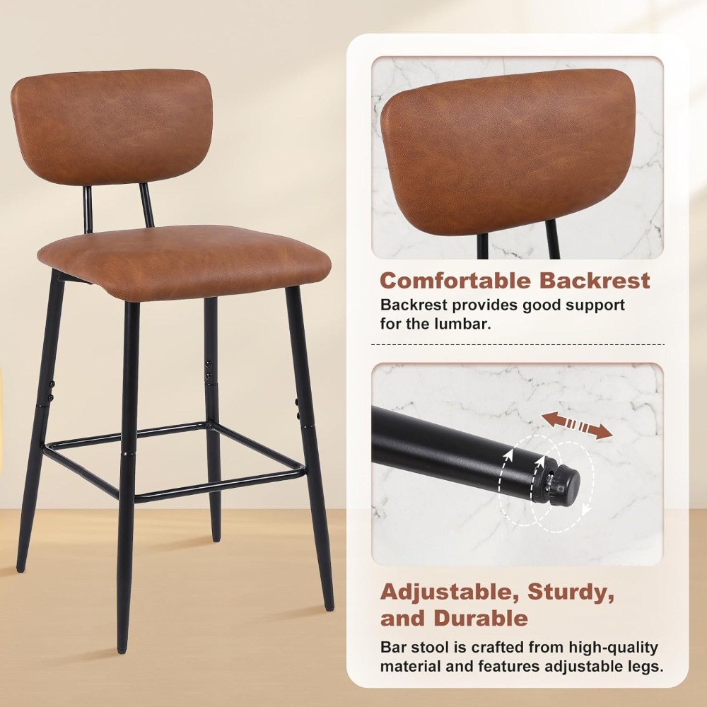 Barstools Dwe74 Set Of 2, Counter Bar Stool - Modern PU Leather Kitchen Island Height Chair With Back & Footrest, Pub Stools