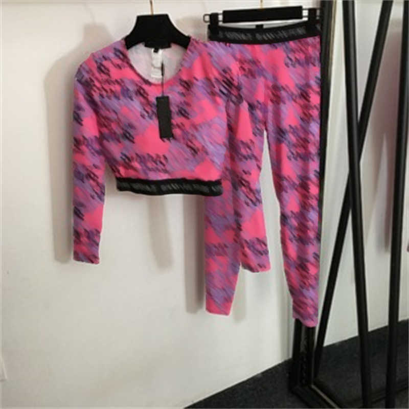 2 Piece Set Women Tracksuit Womens Designer Clothing New Pink Yoga Sports Suit Vintage Print Short Long Sleeve And Casual Stretch Slim Leggings Sets For Woman Outfits
