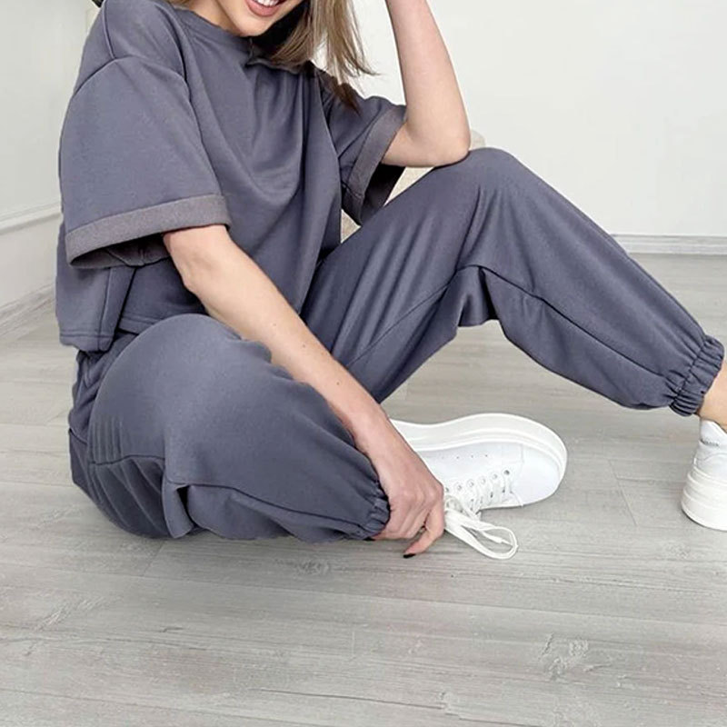 Casual Summer Womens Oversize Trouser Suit Cotton Gray White Classic Top and Pants Tracksuit Two Piece Set Women Outfits 240522