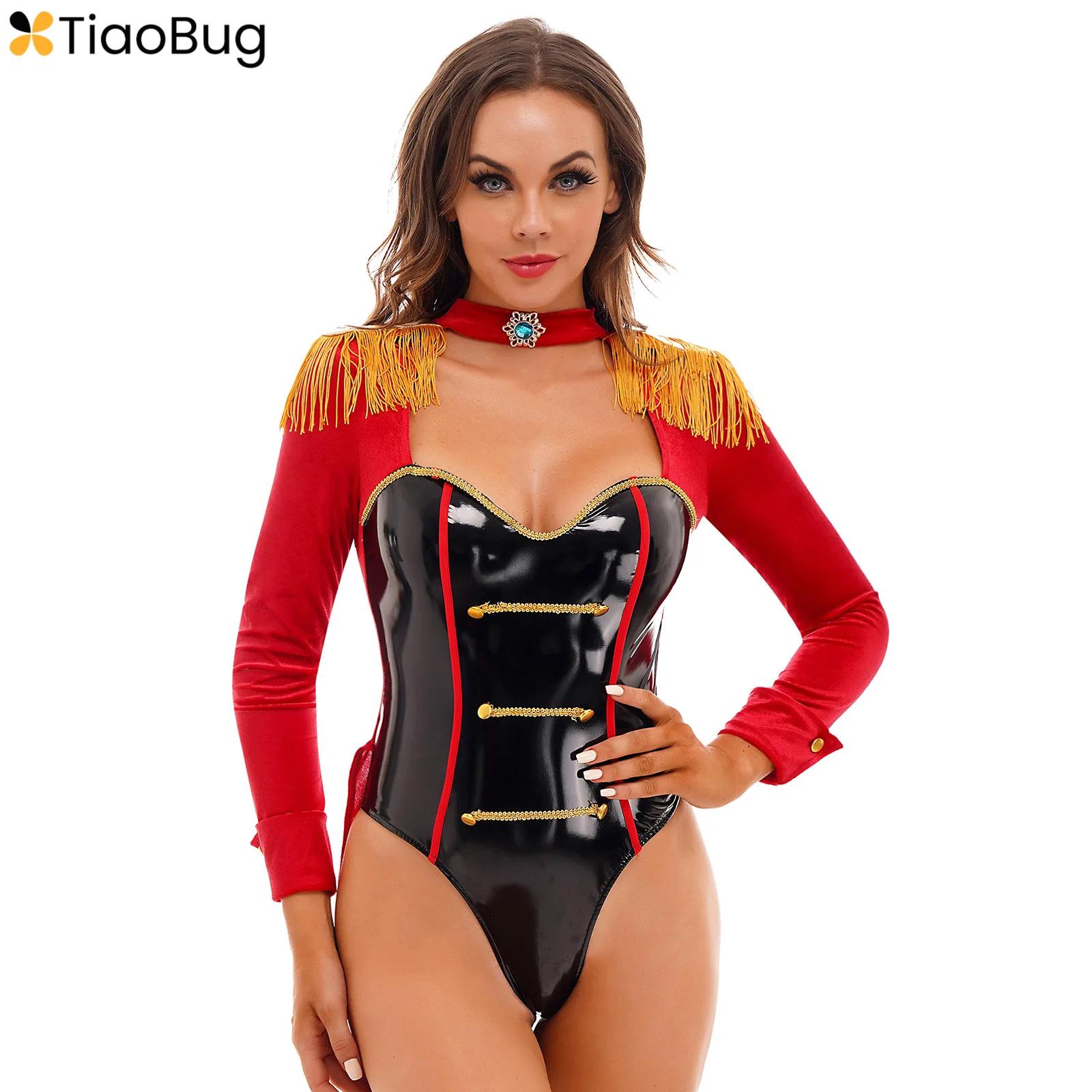 Women Halloween Circus Ringmaster Cosplay Costume Tassel Long Sleeve Bodysuit Swallow-Tailed Catsuit for Party Stage Performance