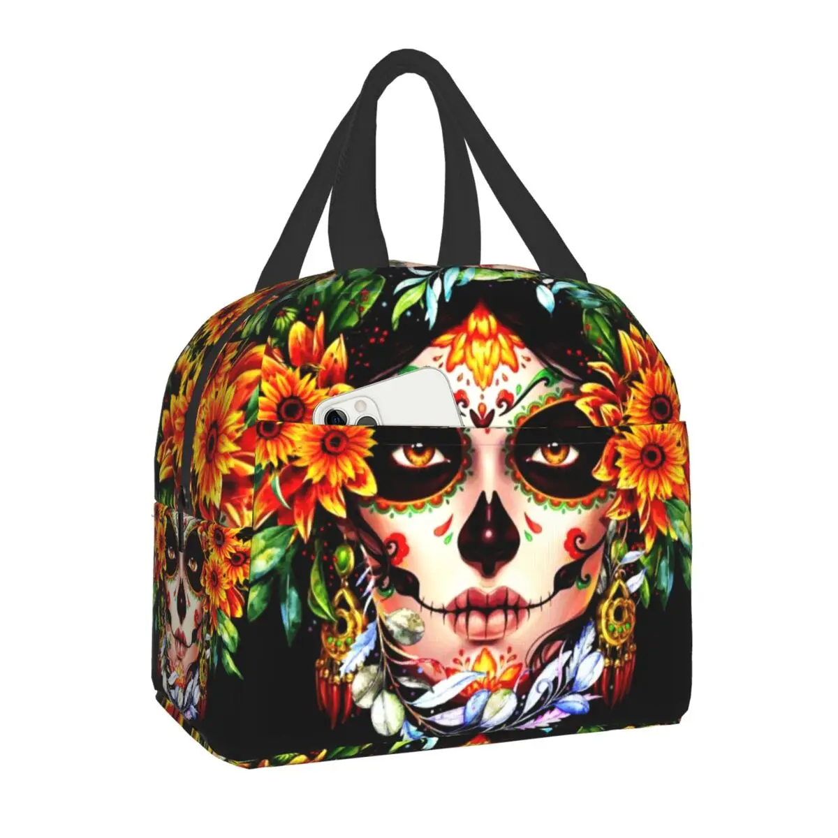 Skull Halloween Sugar Catrina Insulated Lunch Bag for Women Kids School Food Day Of The Dead Cooler Thermal Portable Lunch Box smile