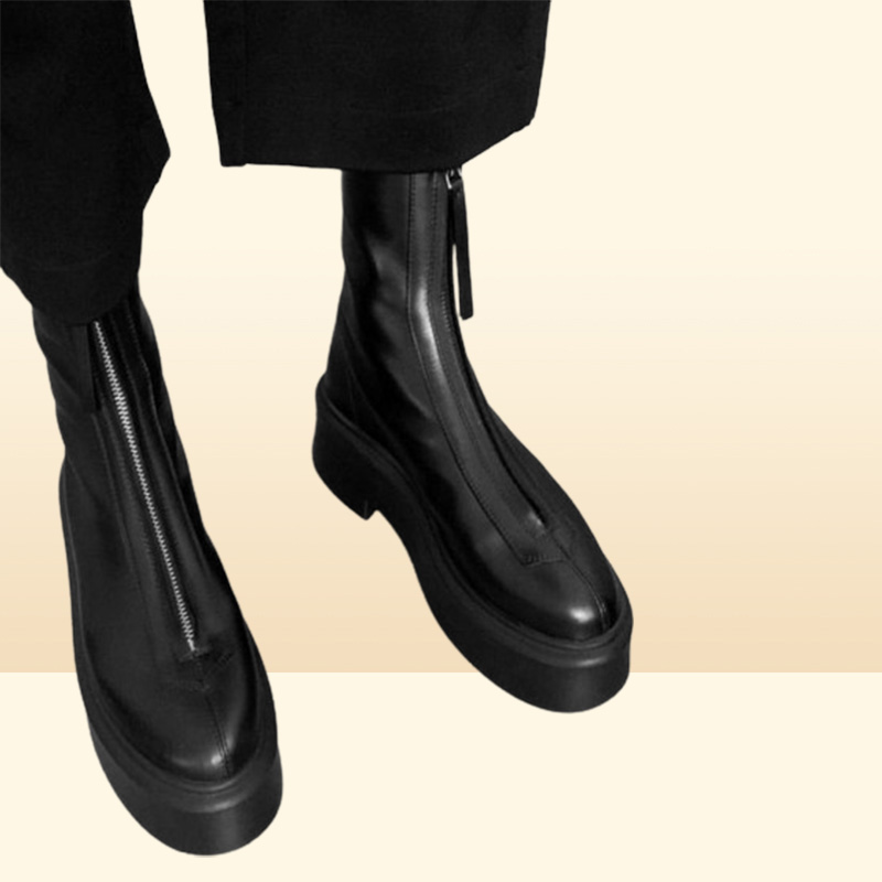 The row smooth Leather Ankle Chelsea Boots platform zipper slipon round Toe block heels Flat Wedges booties chunky boot for women