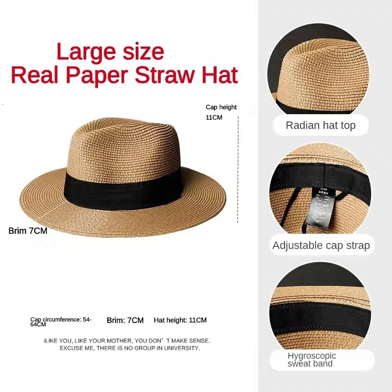Male Foldable Big Head Straw Hat Panama Summer Outdoors Cowboy Hat Sandy Beach Sun Hats Man Plus Size Fedora Hat 57CM 60CM 64CM 240528
