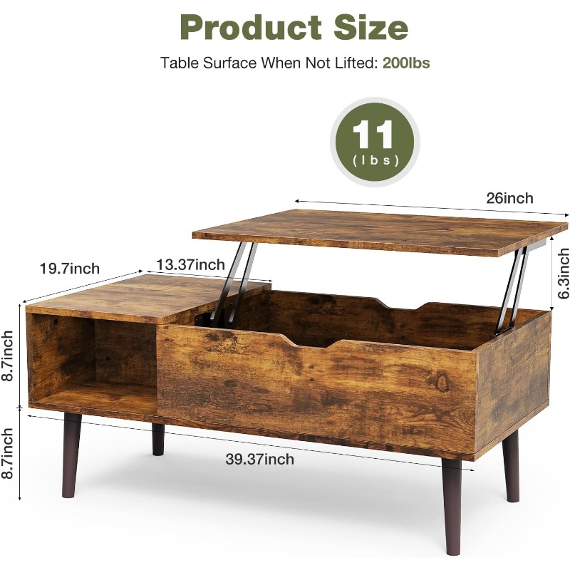 Modern Lift Top Coffee Table Wooden Furniture with Storage Shelf and Hidden Compartment for Living Room Office, Black