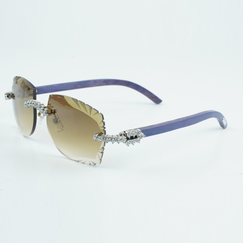 fashionable new 5.0 mm diamond sunglasses 3524014-A natural blue wood legs large carved lens size 58-18-135 mm