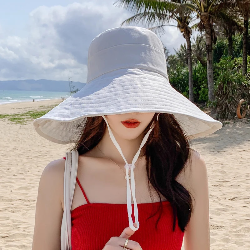 Japan and South Korea Big Brim Hat Womens Spring and Summer Foldable Travel Sun Hat Sun Hat Solid Color Casual Fisherman Hat 240528