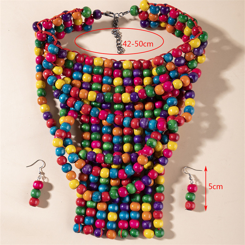 1 Pcs Ethnic Colorful Wooden Bead Necklace Earring Set Exaggerated Bohemian Tassel Party Women Jewelry Set
