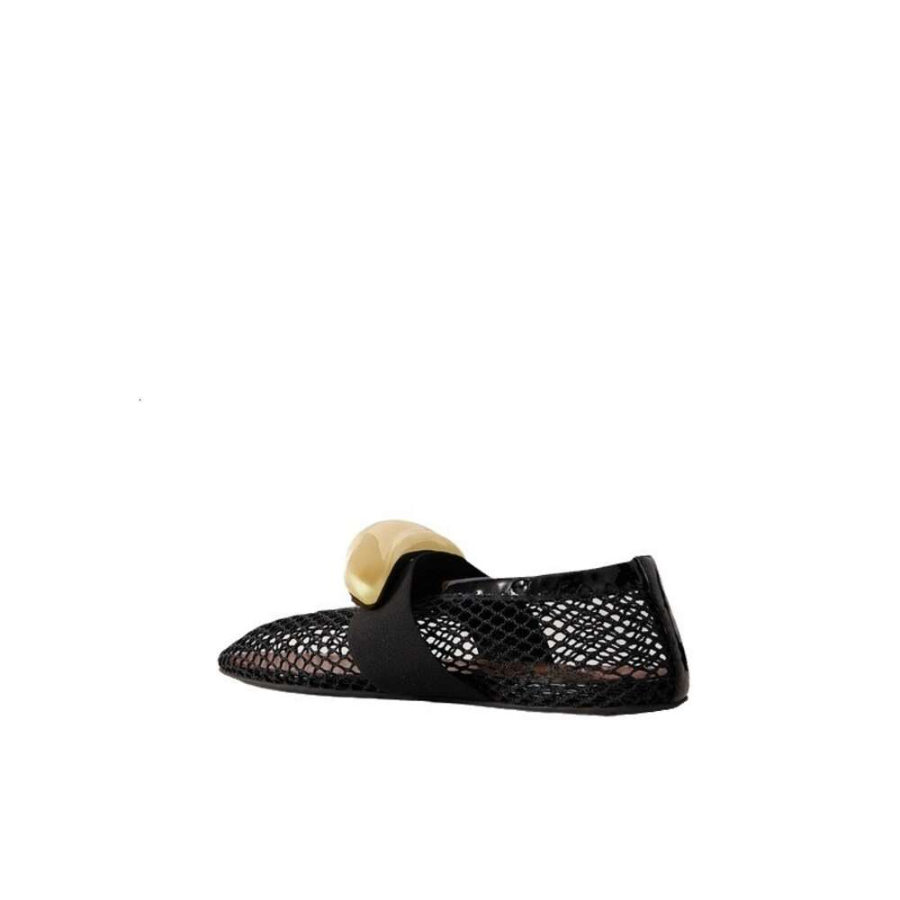 Round headed niche fish mesh hollowed out ballet for women's 2024 summer new fashionable and simple flat bottomed belt buckle single shoes