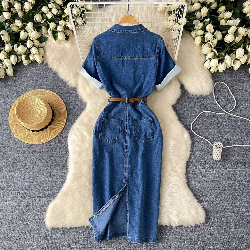 Korean version of minimalist and high-end Polo collar denim dress for womens summer belt slim and slit design temperament and long skirt