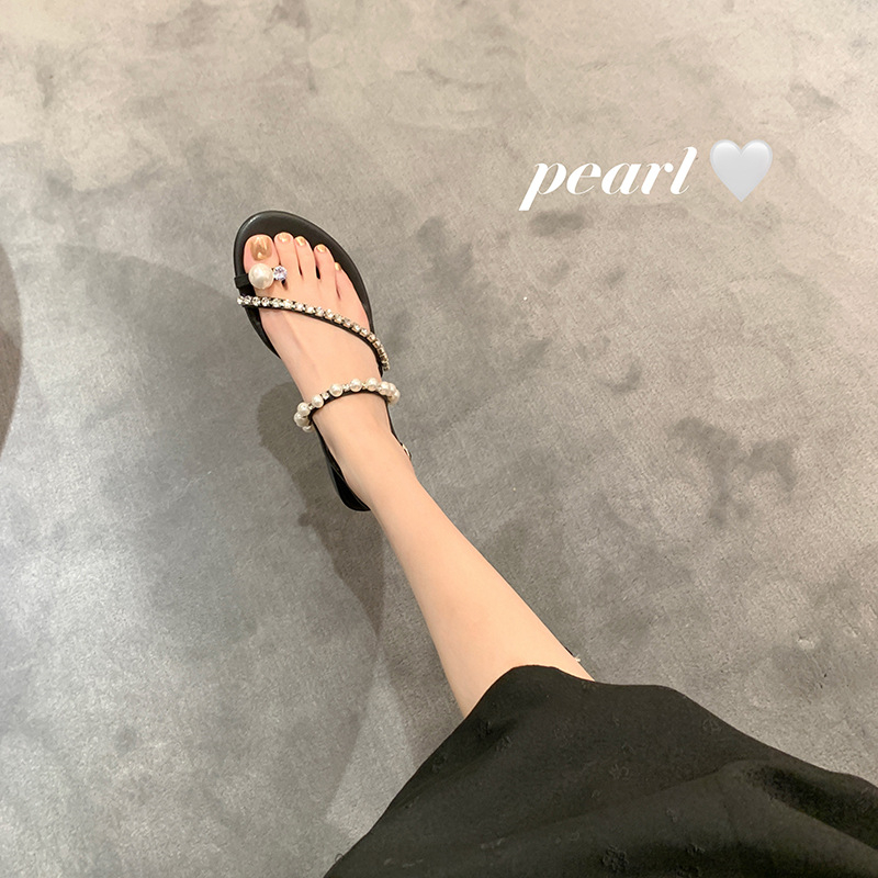 Fashion 2024 New Water Summer Dia Pearl Toe Flat Bottom Soft Lightweight Anti slip and Wear resistant Women's Sandals Lhshoe Sals