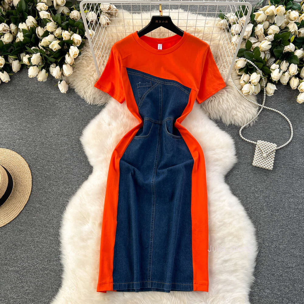 Korean style fashion design sense short sleeved contrasting color patchwork denim dress womens slim fit medium length wrapped hip skirt