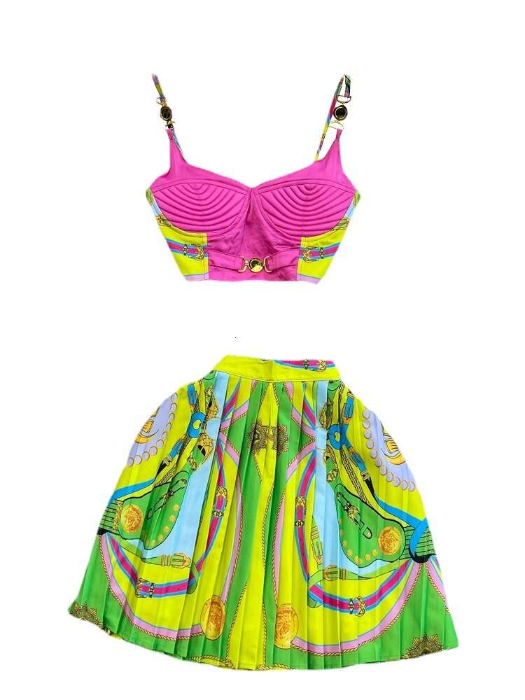 Beach vacation fashion suit for women with chest pads camisole and tank top wearing a high waisted A-line printed pleated skirt for women