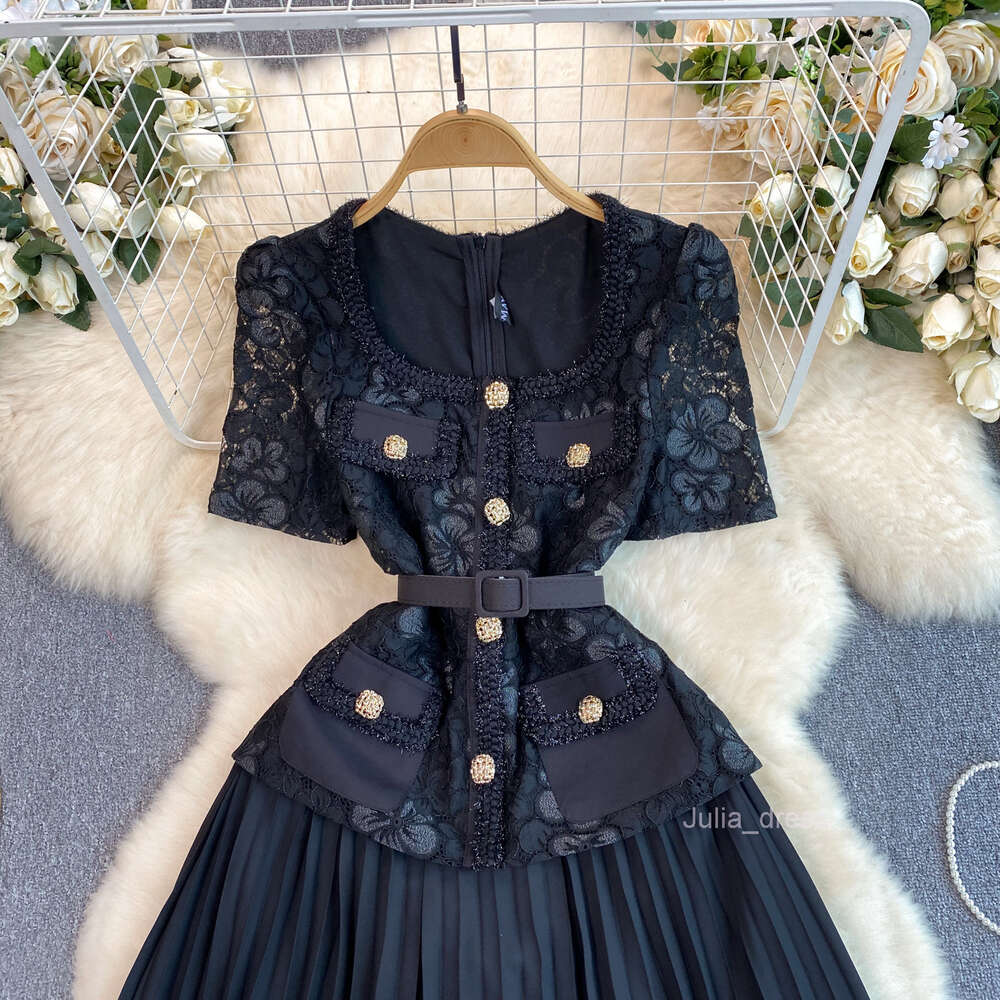 French style small fragrant style dress for women high-end and exquisite temperament square neck lace patchwork pleated long skirt socialite formal dr