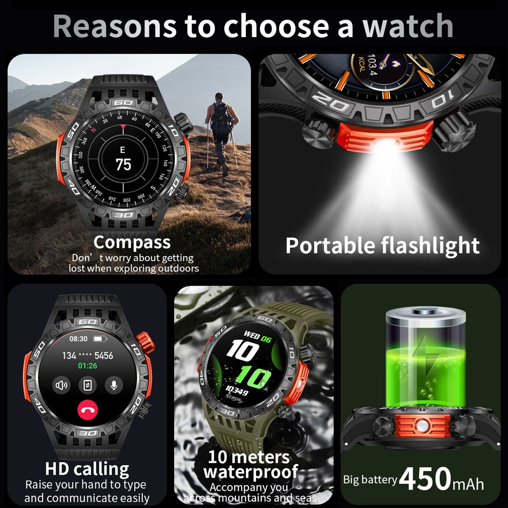 Flashlight LED Men Compass Outdoor SmartWatch Health Monitoring 450 MAh Large Battery IP68 Waterproof Bluetooth Call Smart Watch smile