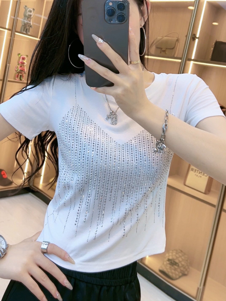 women designer clothes designer t shirt tshirt Crew Neck Diamond Short sleeve Rhinestone Polka Dot Cute Loose Breathable Kawaii size S-XL designer shi