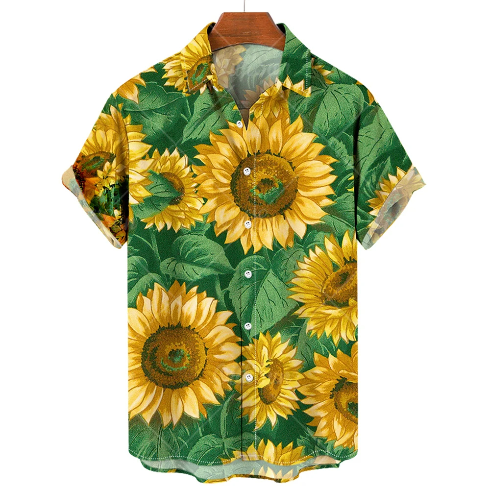 Summer Hawaiian Shirts Men's Shirts Sunflower Print Shirts for Men Lapel Short Sleeve Men's Clothing Loose Oversized Tops