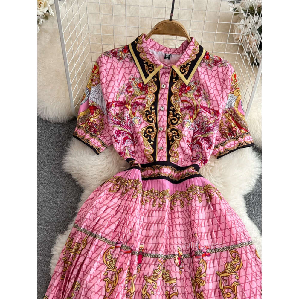 Spring New Fashionable Baroque Elegant Style Printed Polo Neck Short Sleeve Waist Slimming 100 pleated Dress