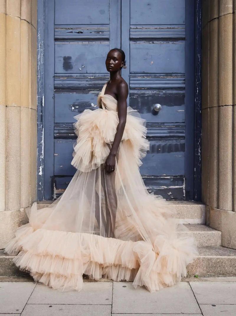 Casual Dresses Sexy See Thru Beige Tulle Long Women Robe Ruffles Tiered Bridal One Shoulder Maxi To Party