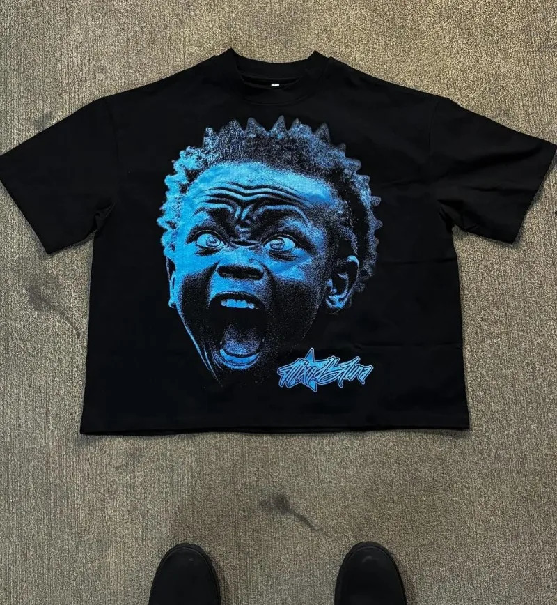 American Fashion Goth Big Head Cartoon Print Oversized T-Shirt Mens Y2K Street Hip-Hop Harajuku Loose Casual Couple Clothes 240529
