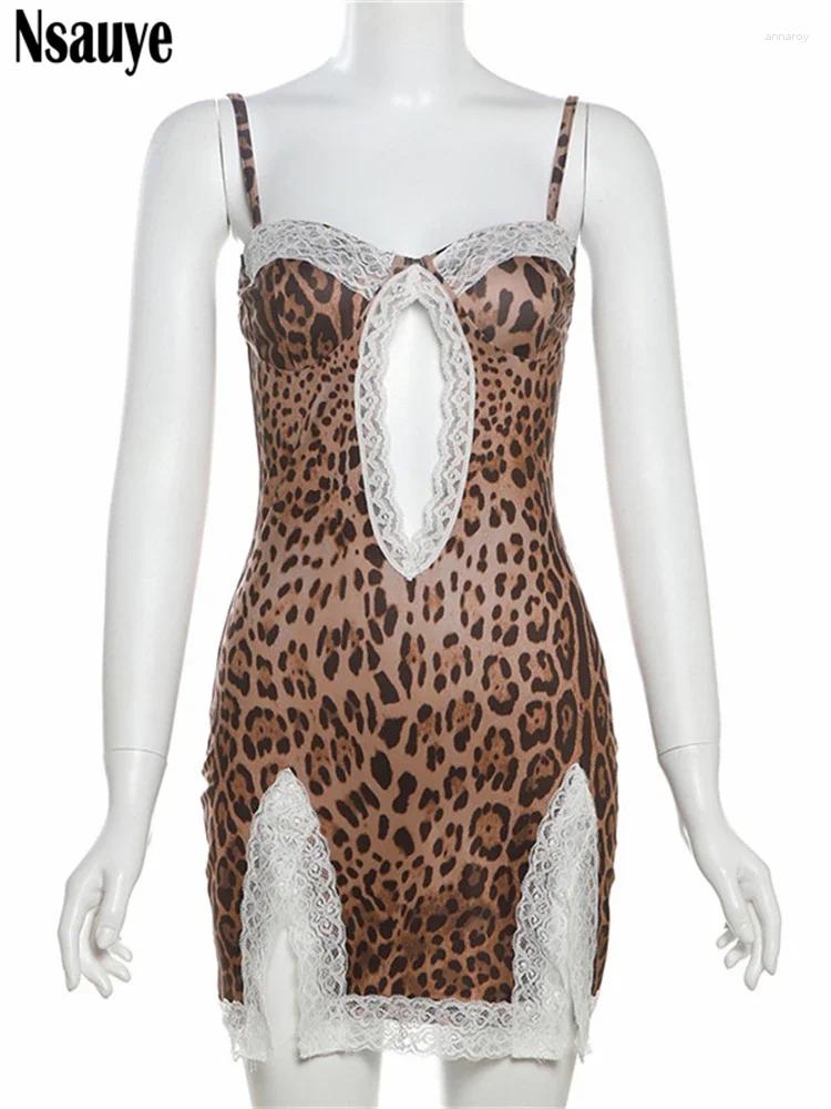 Casual Dresses Hollow Out Leopard Print Sleeveless Backless Mini Night Club Sexy Women 2024 Summer Lace Elegant Ladies Sundress