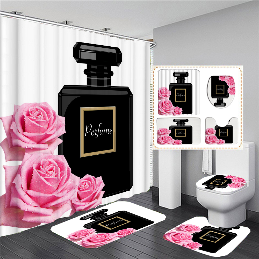 Designer travel Floral Shower Curtain Set: 4-Piece whole day Bathroom Decor With Non-Slip Rugs & Toilet Cover - Flower Print Bath Curtains F