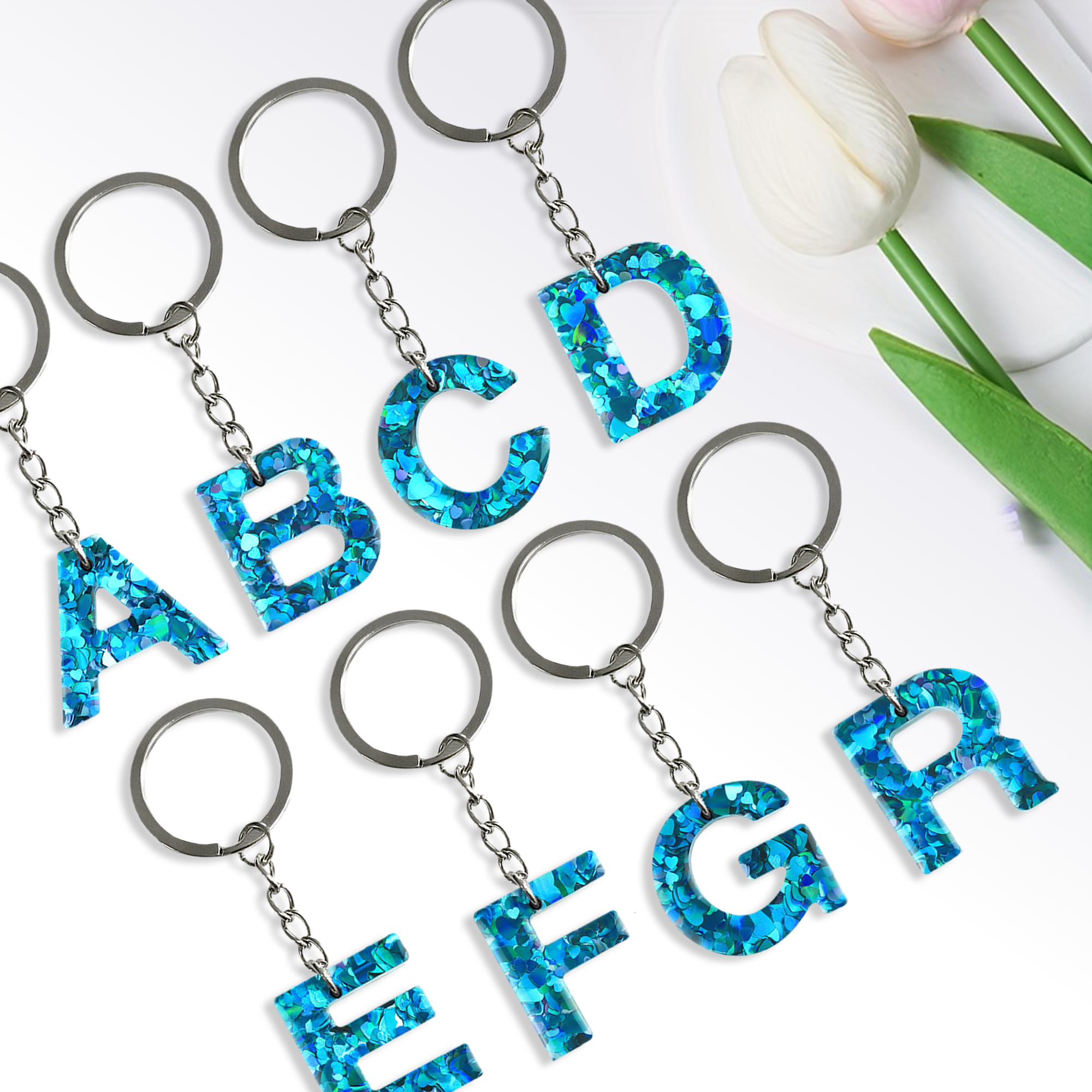 Blue Sequins Alphabet Initial Letter Keychain Cute Resin Key Chain Ring Bag Backpack Charm Car Key Holder Accessories Women Girls Gift