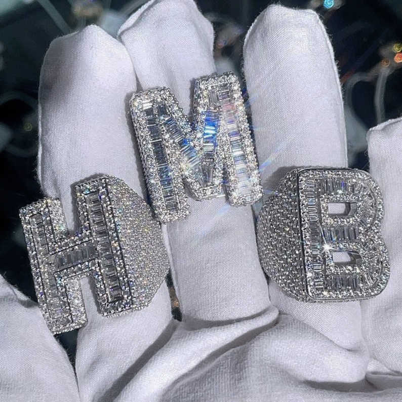 Wholesale VVS Moissanite Diamond Hip Hop Ring Letter Baguette Cut 925 Silver Hip Hop Jewelry Custom Initial Letter Rings