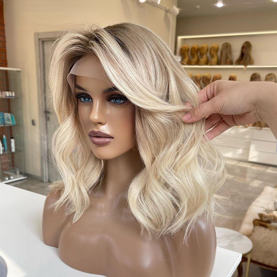 13x4 Honey Blonde Ombre Human Hair Body Wave Brazilian Short Front Wigs for Women Preplucked HD Transparent Lace Wig