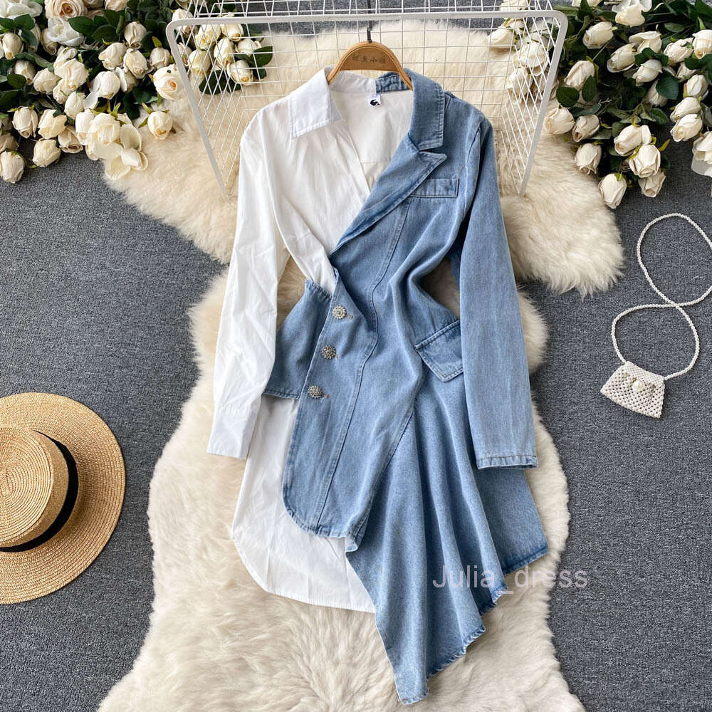 2022 spring and autumn new irregular long sleeved shirt stitching cowboy temperament fried Street dress female design sense of minority