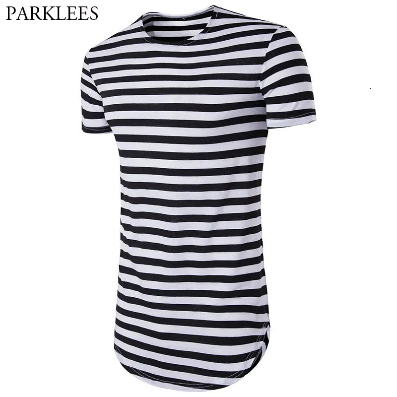 Striped Longline Shirt Men Summer Short Sleeve Extra Long Mens T Shirts Hip Hop Hi Street Tops Tees Camisetas Hombre 240527