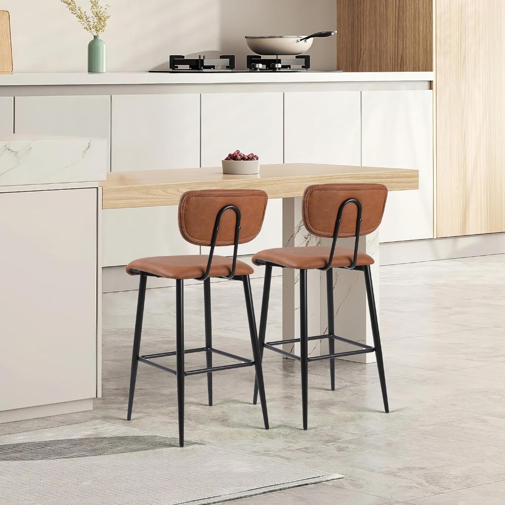 Barstools Dwe74 Set Of 2, Counter Bar Stool - Modern PU Leather Kitchen Island Height Chair With Back & Footrest, Pub Stools