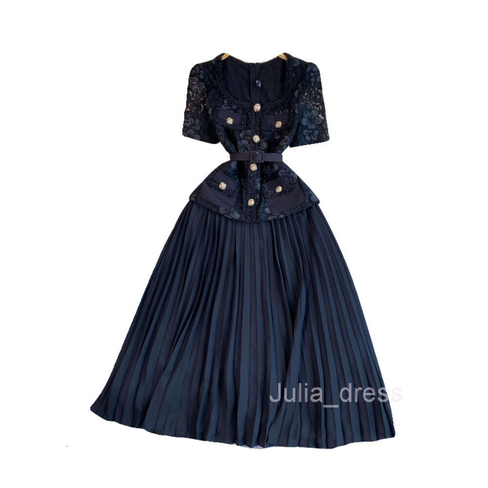 French style small fragrant style dress for women high-end and exquisite temperament square neck lace patchwork pleated long skirt socialite formal dr