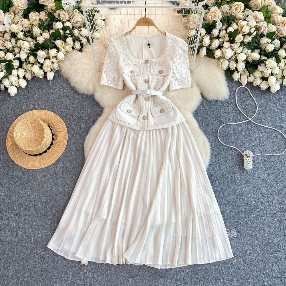 French style small fragrant style dress for women high-end and exquisite temperament square neck lace patchwork pleated long skirt socialite formal dr