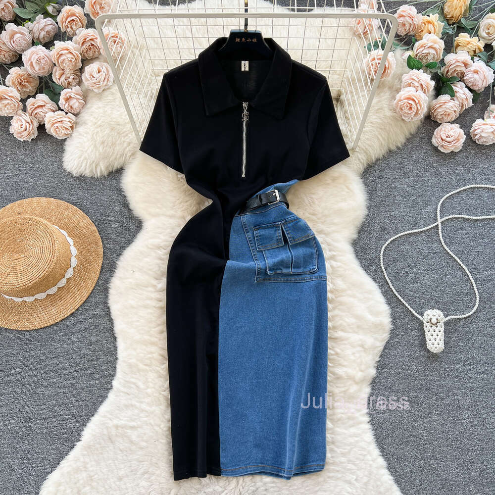 Chic denim skirt for women with contrasting color patchwork slim fit medium length short sleeved and elegant dress