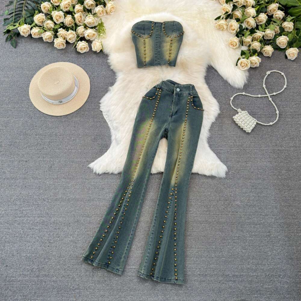 Fashion set for women American style distressed rivet design denim camisole vest two-piece high waisted micro flared pants