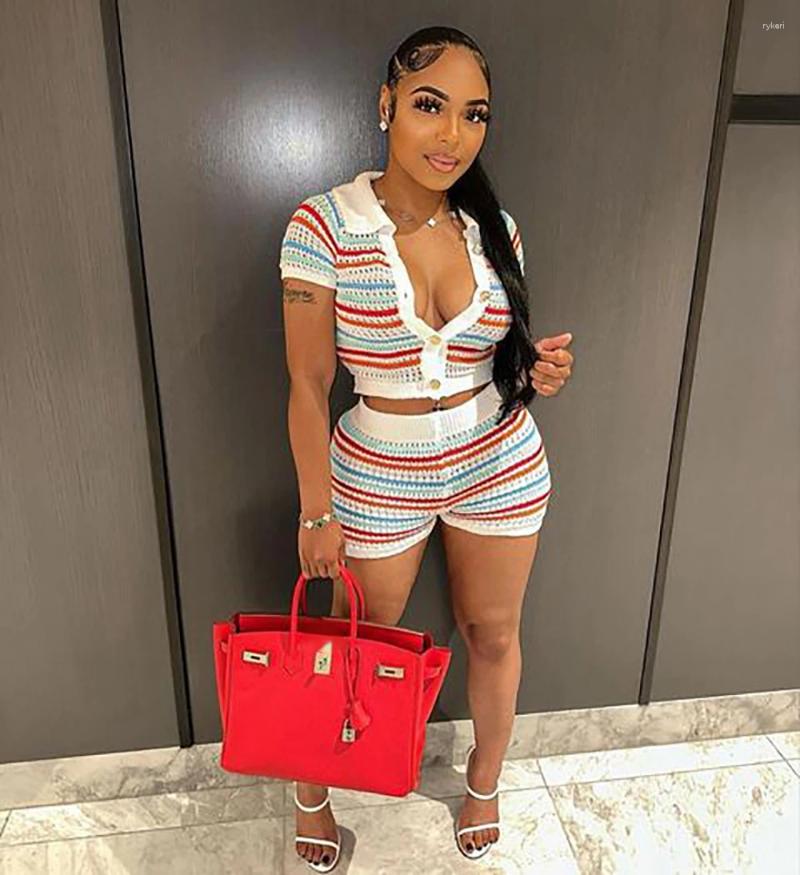 Womens Tracuits Women Outfit Suits Summer Casual Two-piece Set Stripes Turn Down Collar Short-sleeved T-shirts And Knit Shorts Pants 2