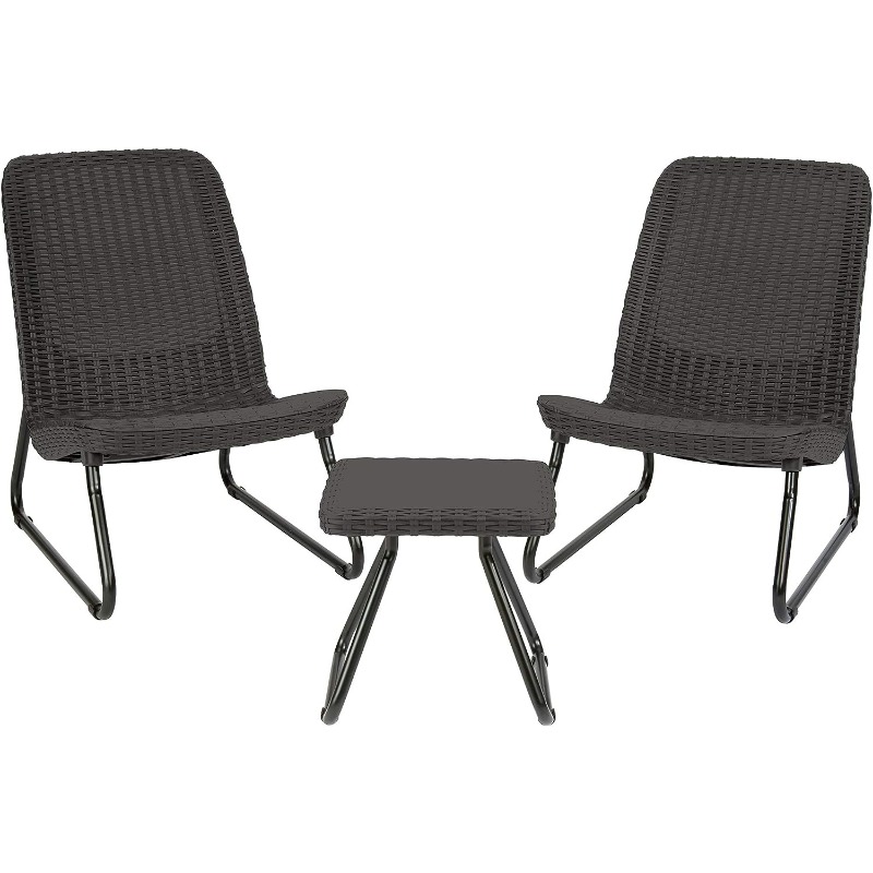 Keter Rio 3 Piece Resin Wicker Patio Furniture Set with Side Table and Outdoor Chairs, Dark Grey