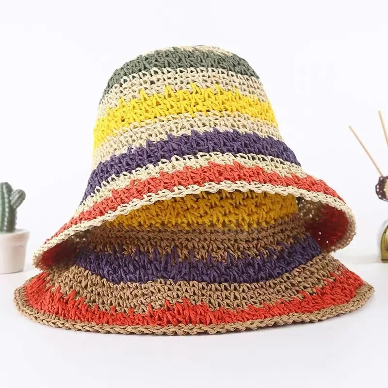 100%Raffia rainbow Girl Sun Hat Wide Brim Floppy Summer Hats For Women Beach Panama Straw Dome Bucket Hat Femme Shade Hat 240528