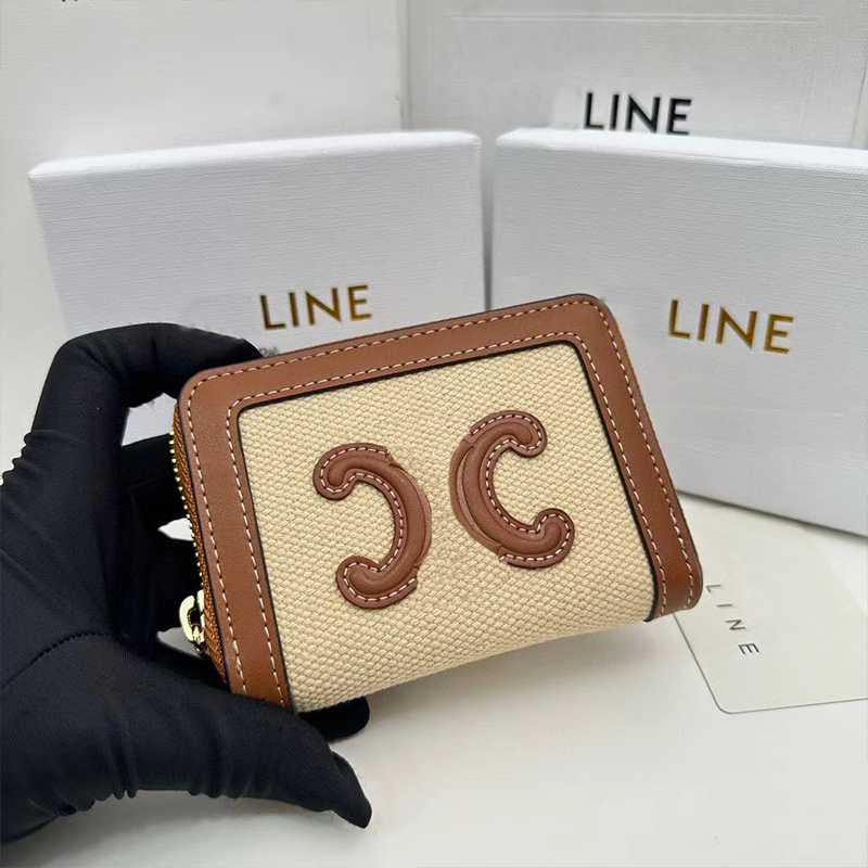 Mini Wallets Fashion Straw Woven Leather Trim Womens Designer Wallet Calf Leather Lining Luxury Canvas Coin Purses